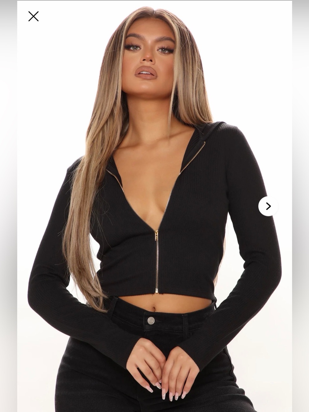 Fashion Nova Black Ribbed Zip-Front Long Sleeve Hoodie Crop Top Small